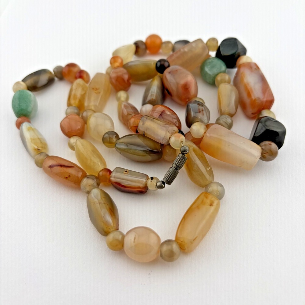 Vintage Beggar Beads Mixed Banded Agate Carnelian Stone Necklace Earthy Boho 17"